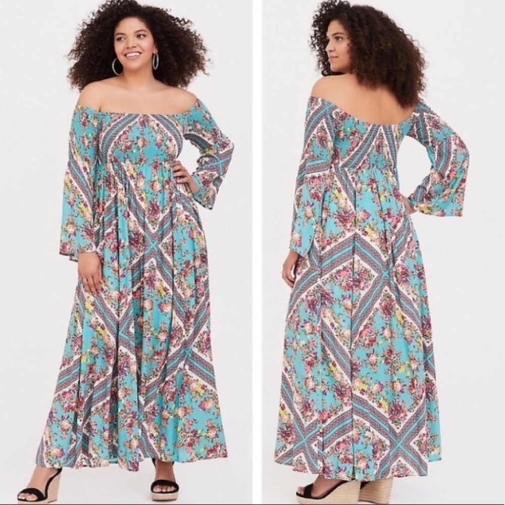 Gorgeous Torrid off- shoulder turquoise maxi with bell sleeves